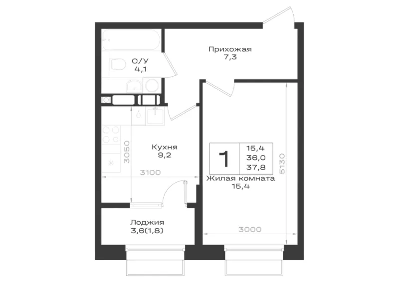 1-комн. 37.8 м²