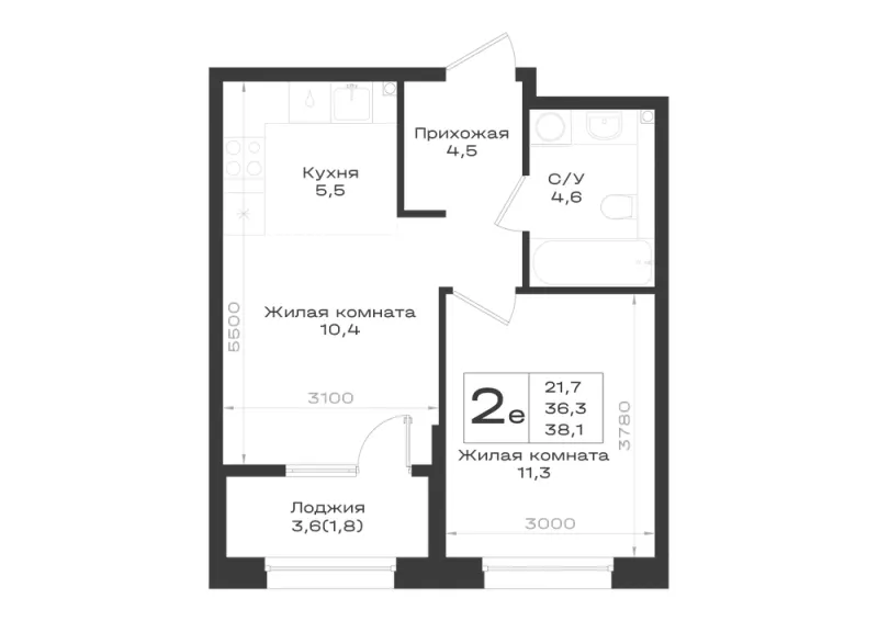 2-комн. 38.1 м²