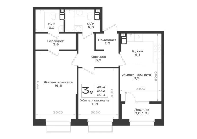 3-комн. 62 м²