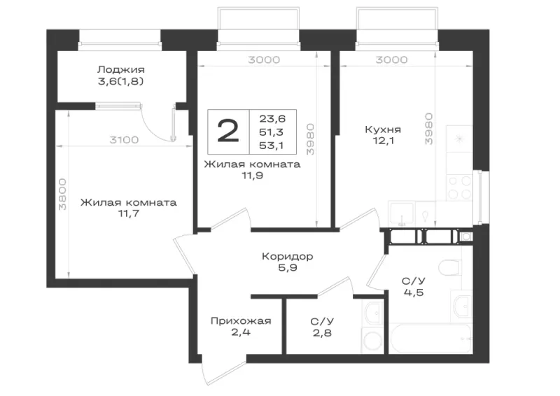 2-комн. 53.1 м²
