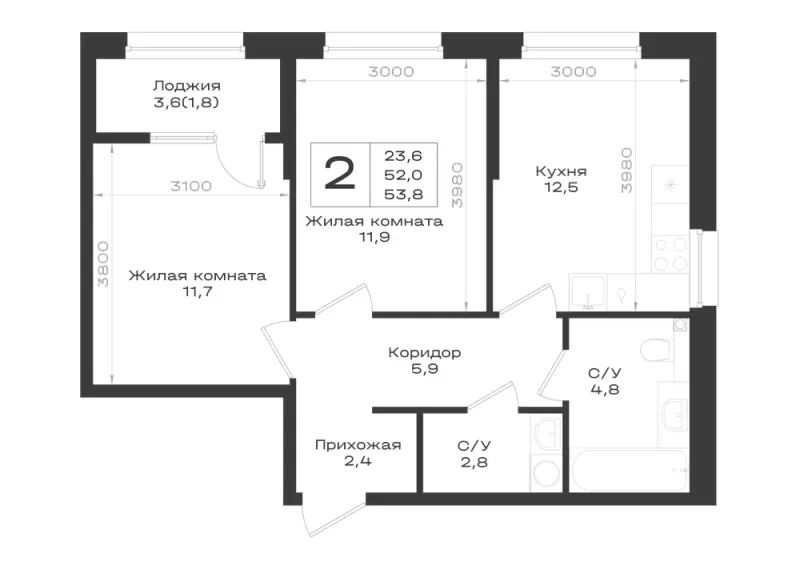 2-комн. 53.8 м²