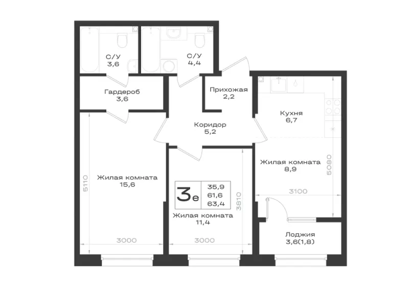 3-комн. 63.4 м²