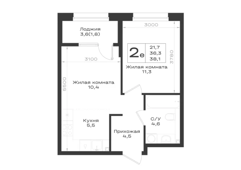 2-комн. 38.1 м²