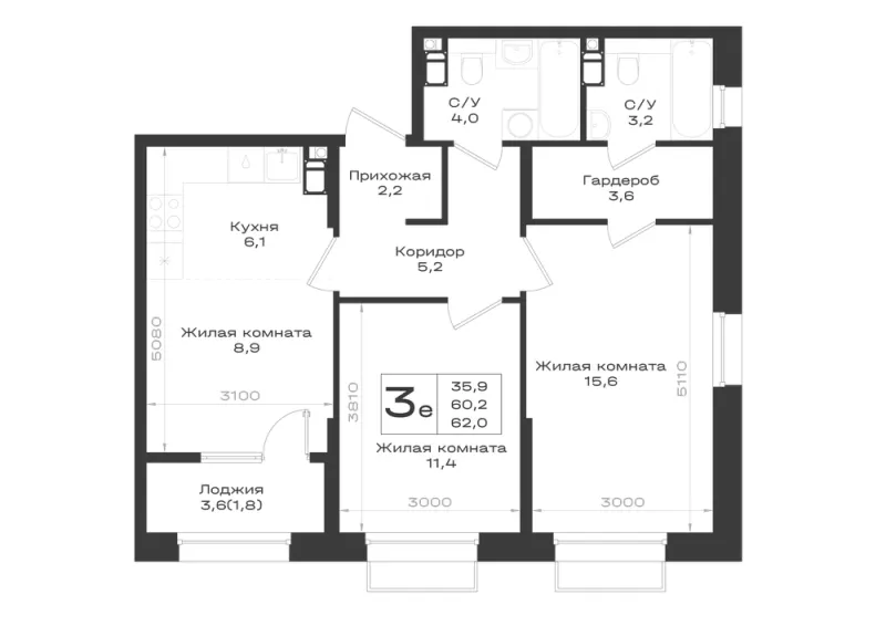 3-комн. 62 м²