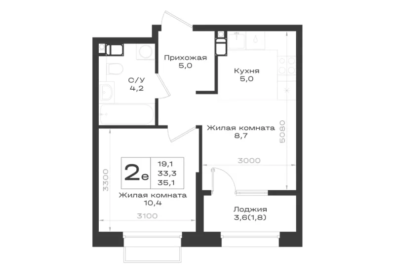2-комн. 35.1 м²