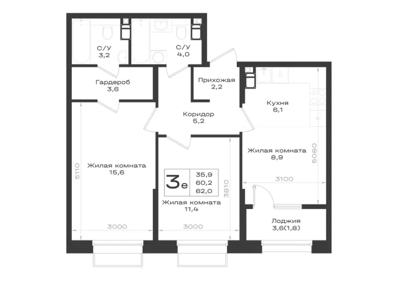 3-комн. 62 м²