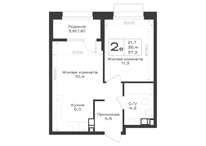 2-комн. 37.2 м²