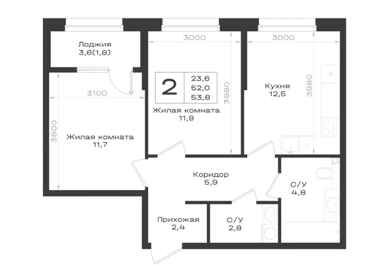 2-комн. 53.8 м²