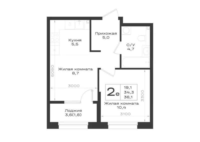 2-комн. 36.1 м²