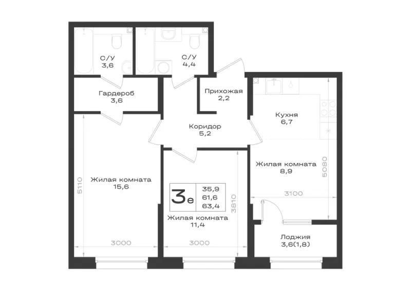3-комн. 63.4 м²