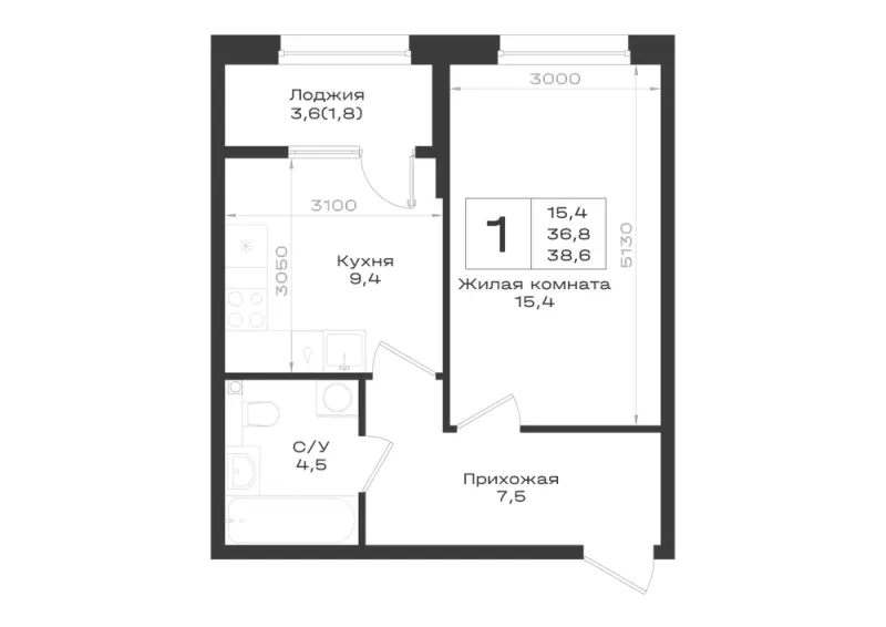 1-комн. 38.6 м²