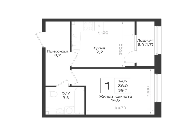 1-комн. 39.7 м²