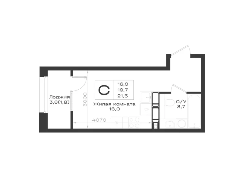 Студия 21.5 м²