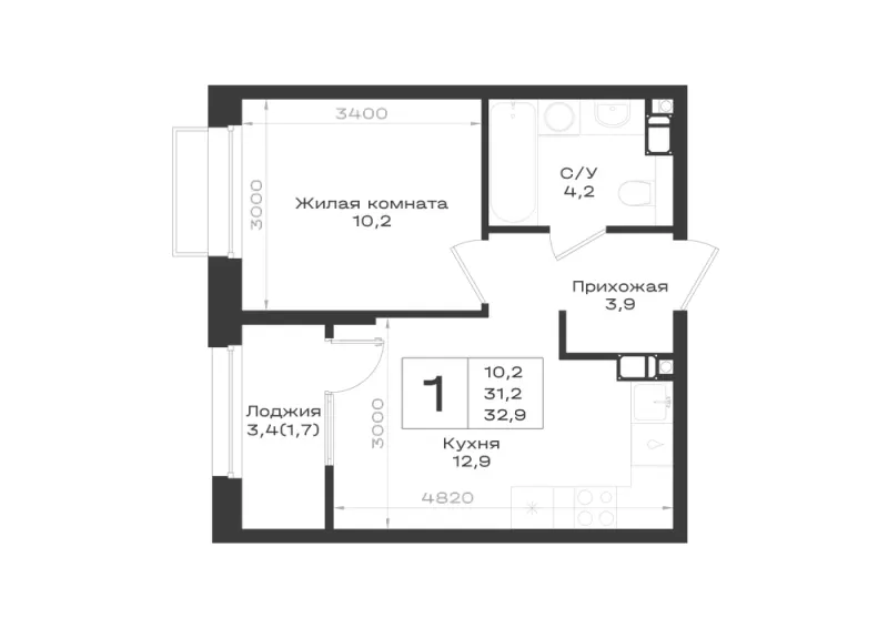 1-комн. 32.9 м²