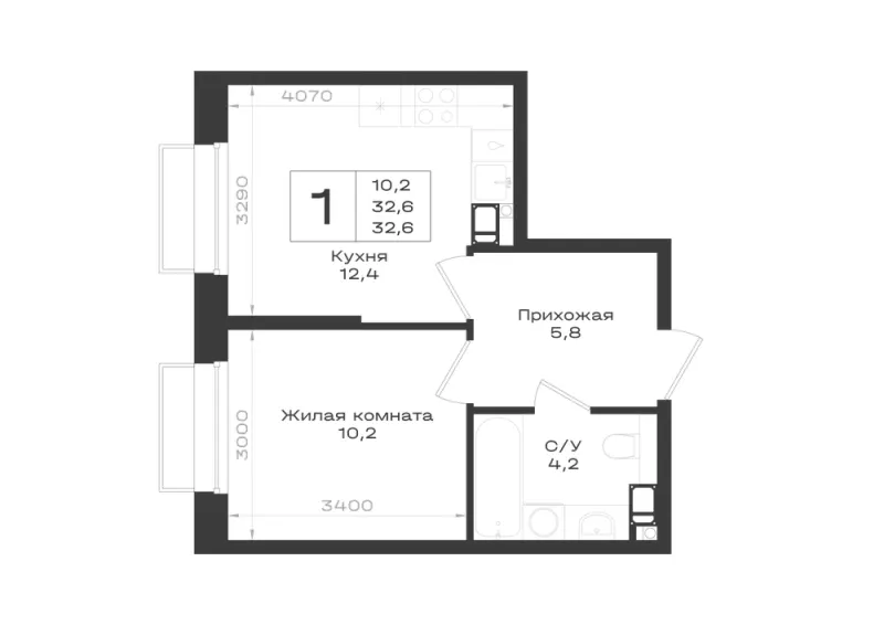 1-комн. 32.6 м²