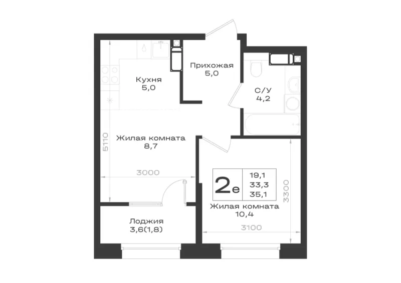 2-комн. 35.1 м²