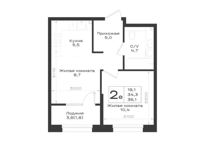 2-комн. 36.1 м²