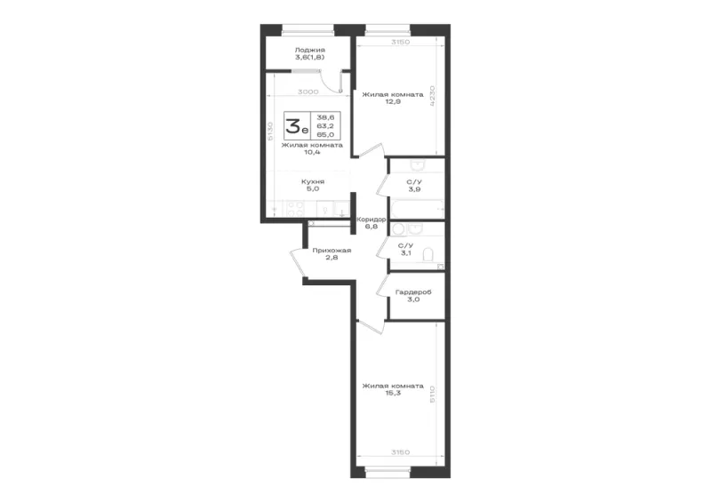 3-комн. 65 м²