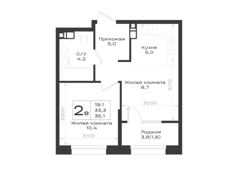 2-комн. 35.1 м²