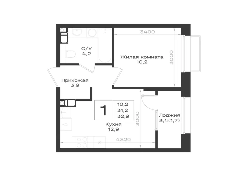 1-комн. 32.9 м²