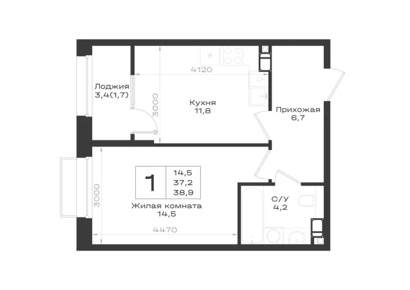 1-комн. 38.9 м²