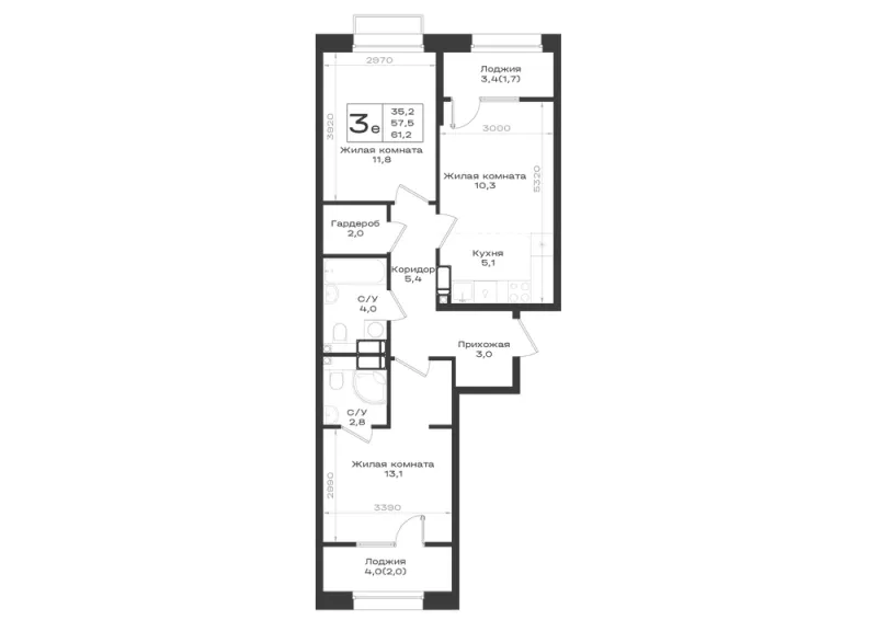3-комн. 61.2 м²
