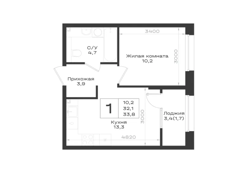 1-комн. 33.8 м²