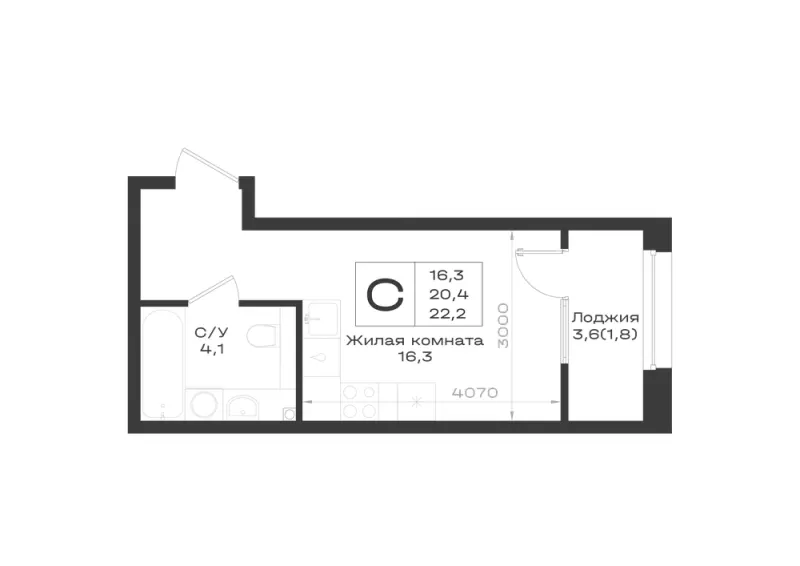 Студия 22.2 м²