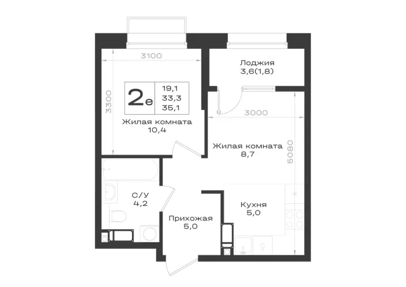 2-комн. 35.1 м²