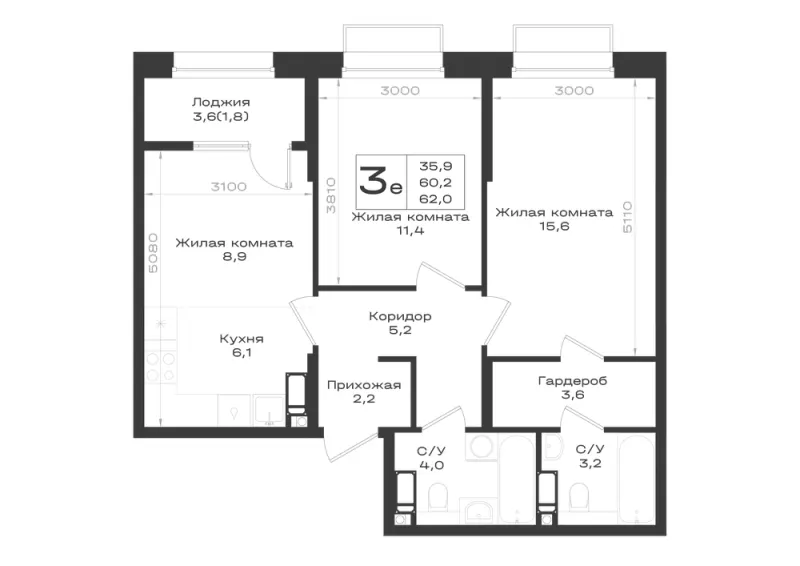 3-комн. 62 м²