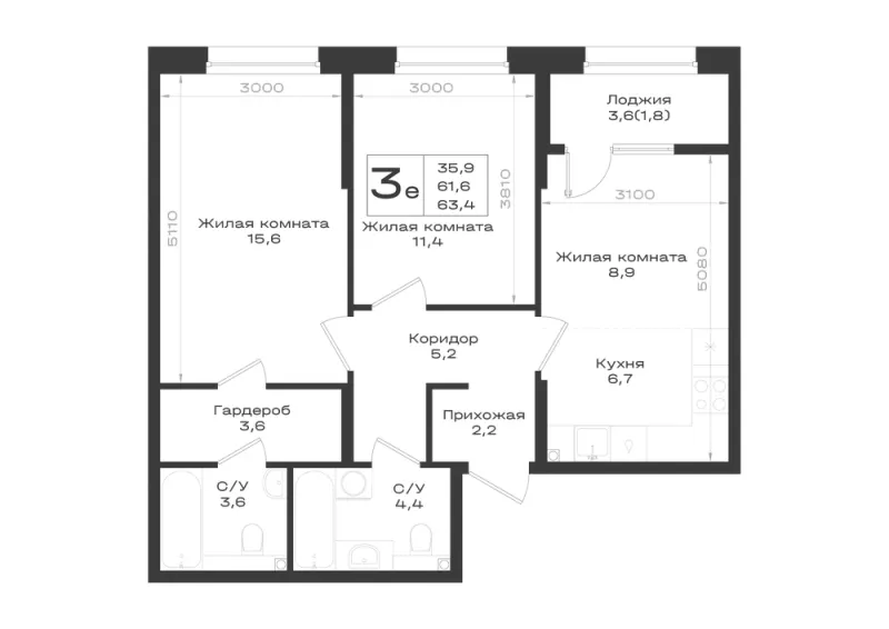 3-комн. 63.4 м²