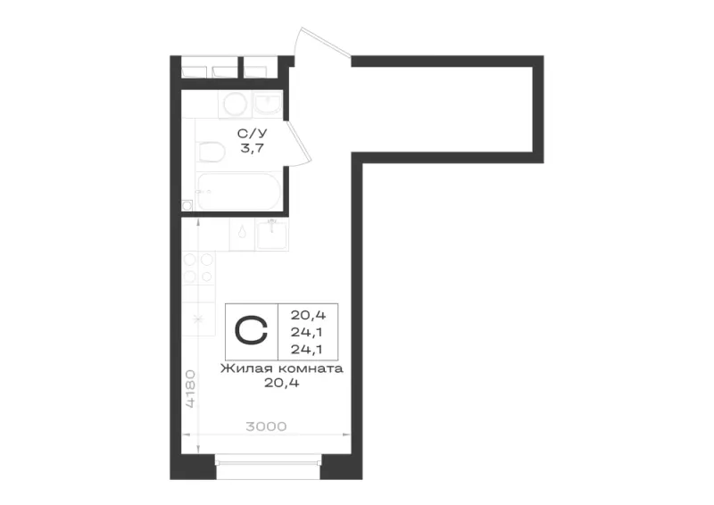 Студия 24.1 м²