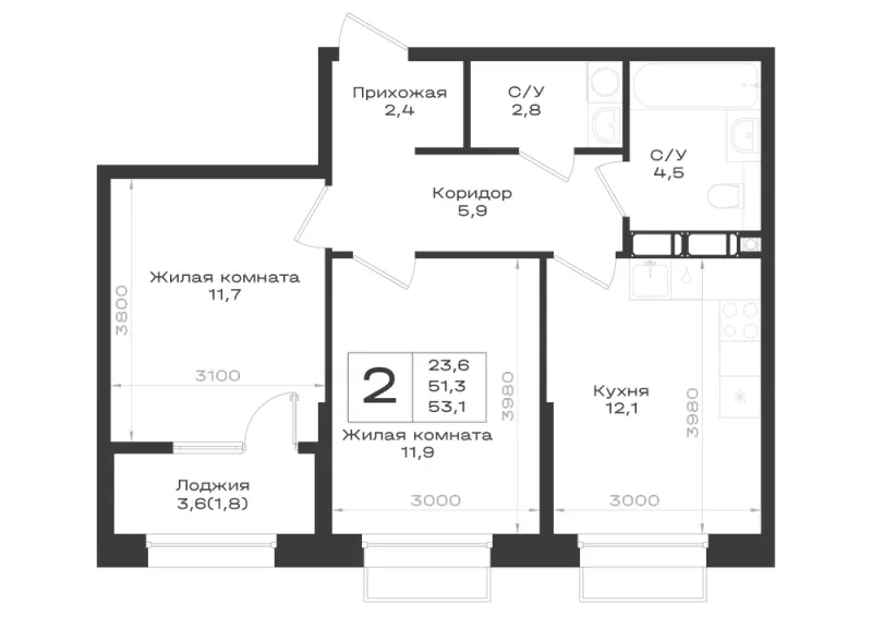 2-комн. 53.1 м²
