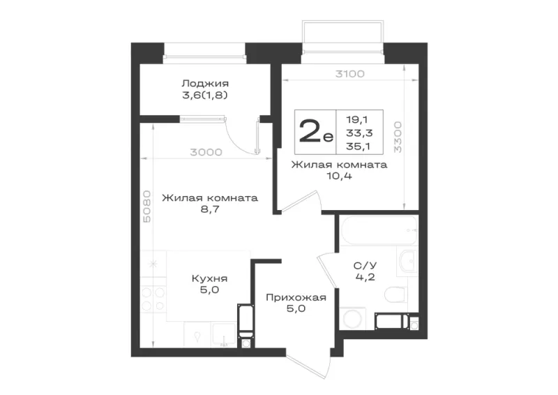 2-комн. 35.1 м²