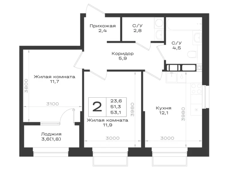 2-комн. 53.1 м²