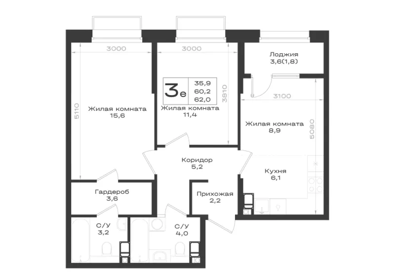 3-комн. 62 м²