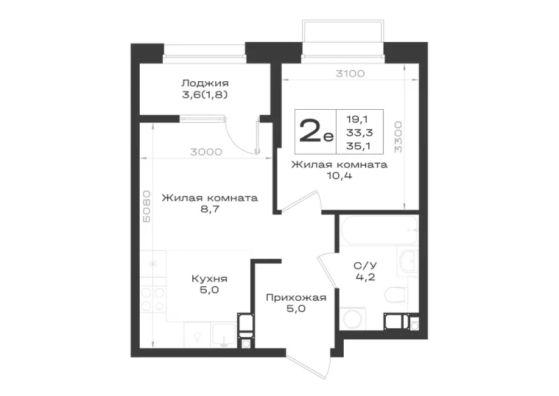 2-комн. 35.1 м²
