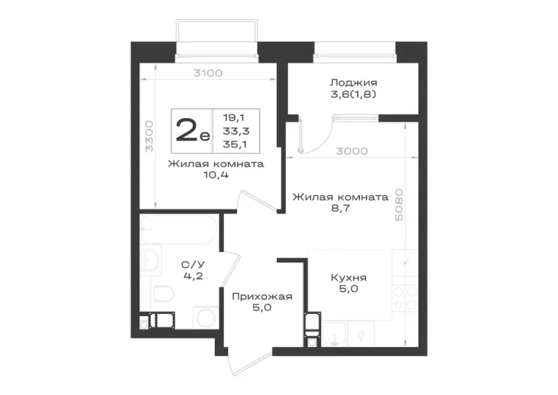 2-комн. 35.1 м²