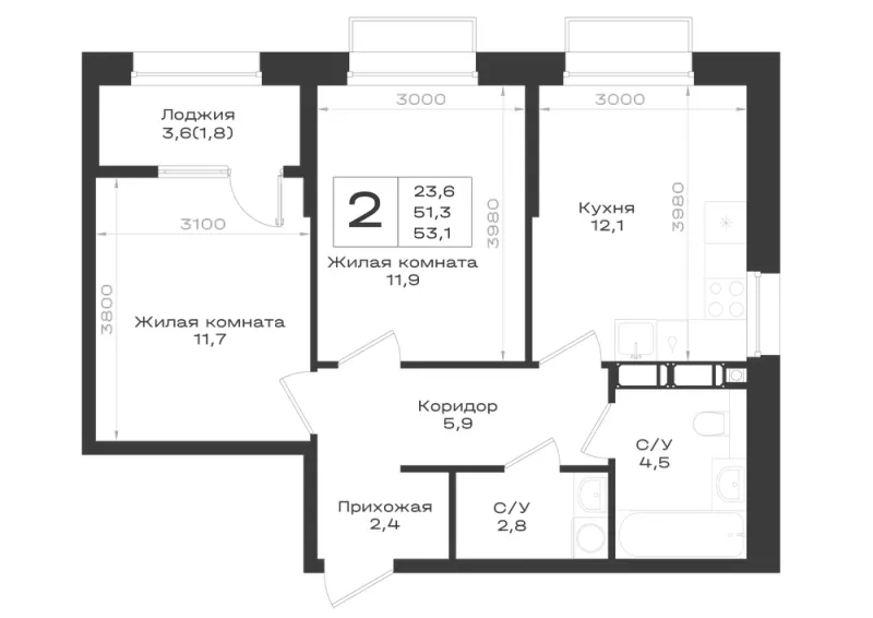 2-комн. 53.1 м²