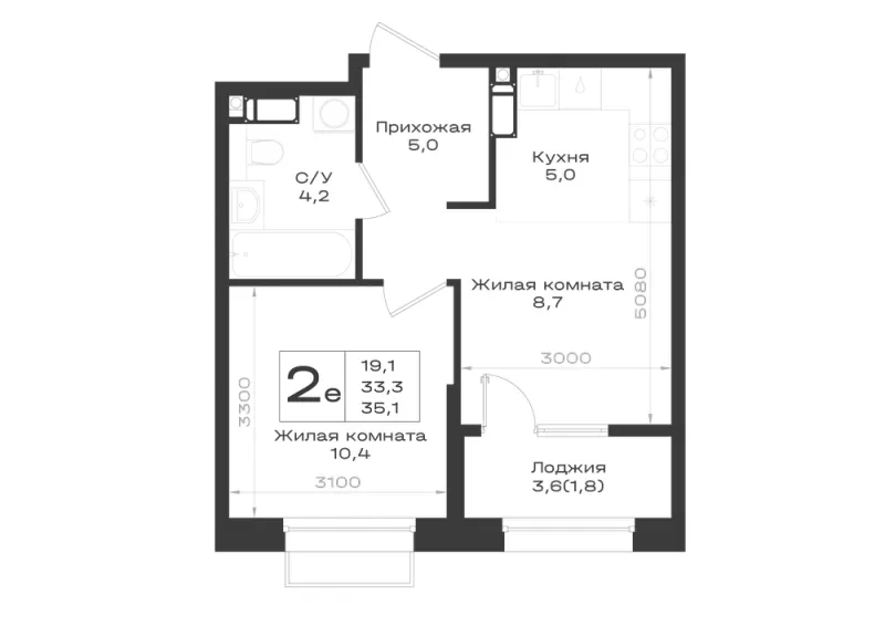 2-комн. 35.1 м²