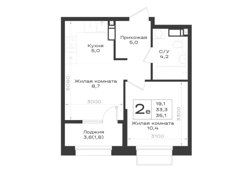 2-комн. 35.1 м²