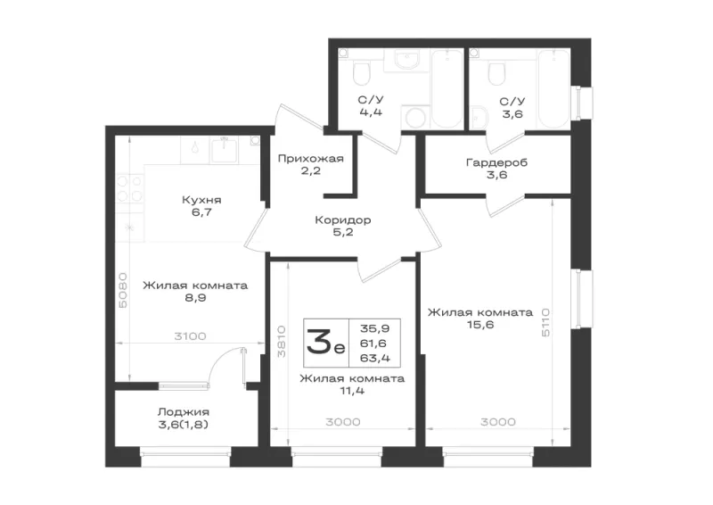3-комн. 63.4 м²