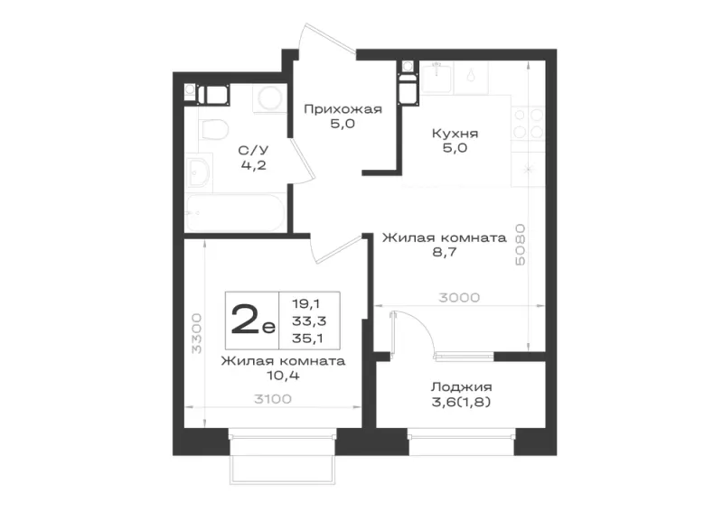 2-комн. 35.1 м²