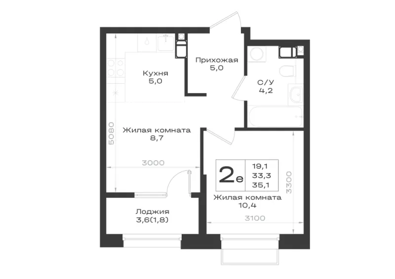 2-комн. 35.1 м²