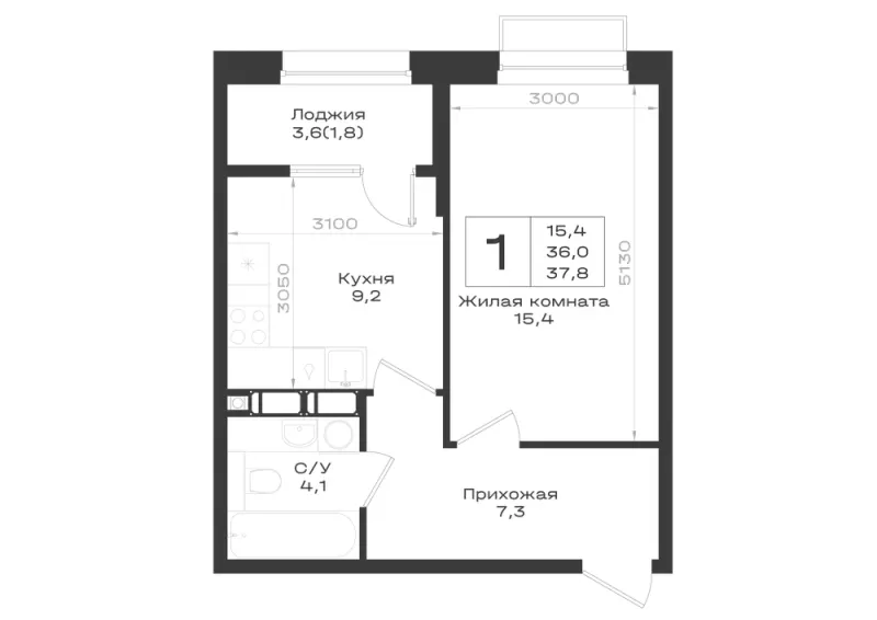 1-комн. 37.8 м²