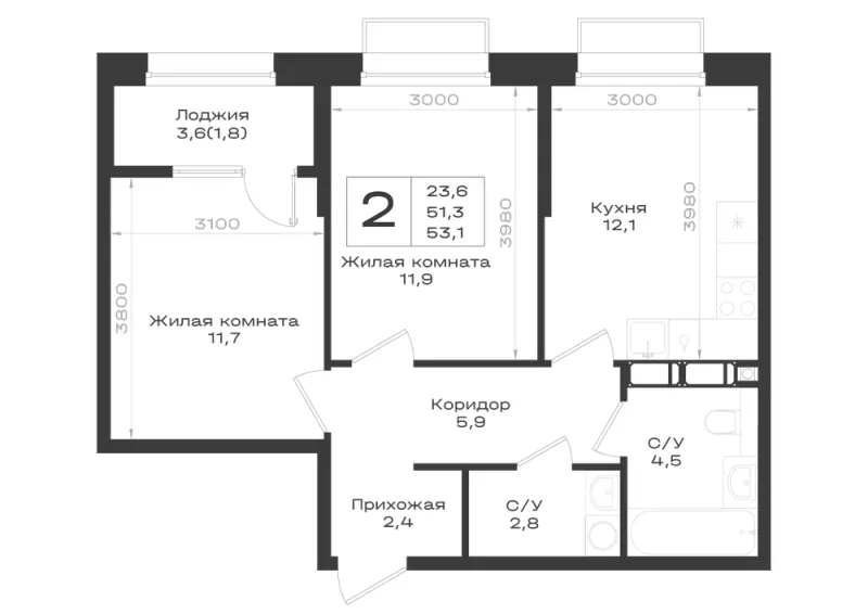 2-комн. 53.1 м²