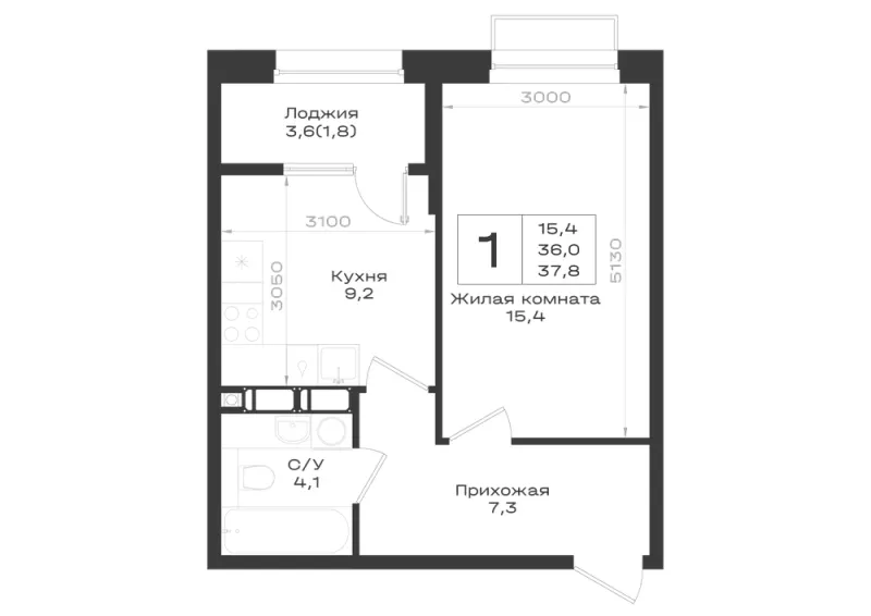 1-комн. 37.8 м²