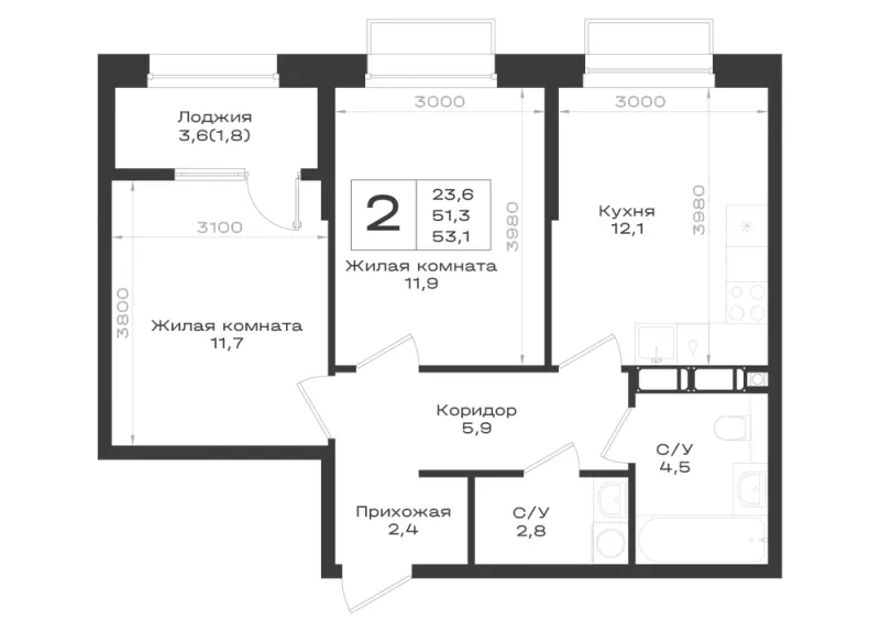 2-комн. 53.1 м²