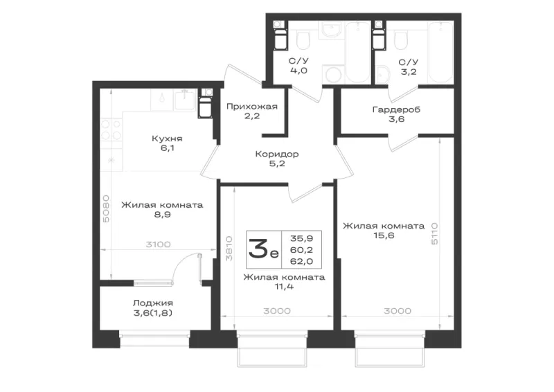 3-комн. 62 м²