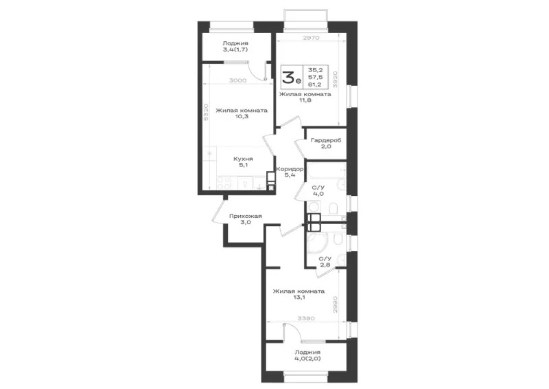 3-комн. 61.2 м²